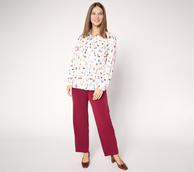 Susan Graver Printed Stretch Peachskin Button-Front Shirt — View 5