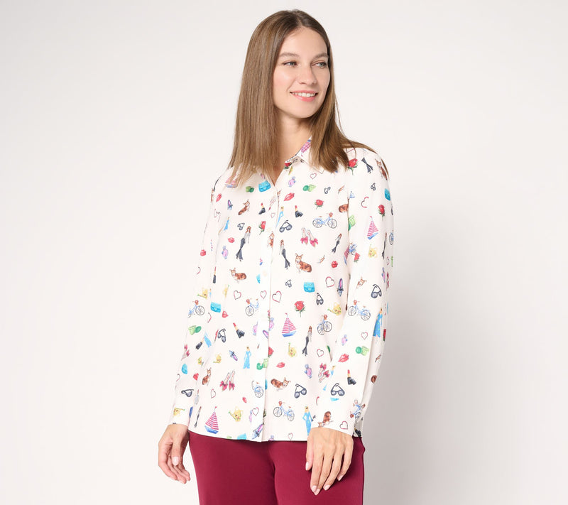 Susan Graver Printed Stretch Peachskin Button-Front Shirt — Main view