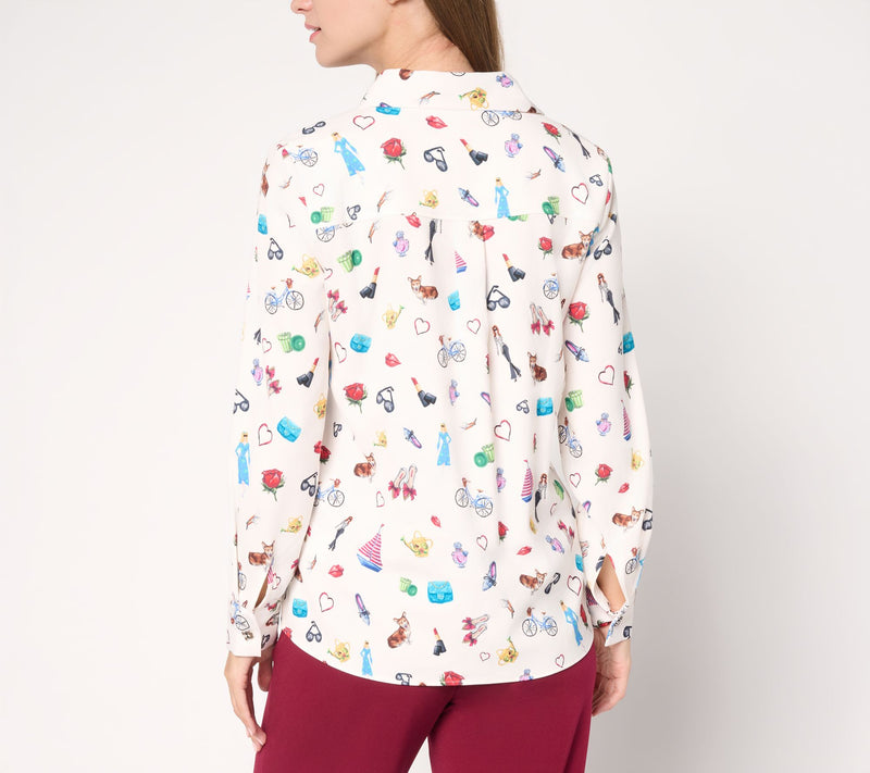 Susan Graver Printed Stretch Peachskin Button-Front Shirt — View 4