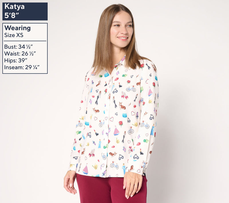 Susan Graver Printed Stretch Peachskin Button-Front Shirt — View 3