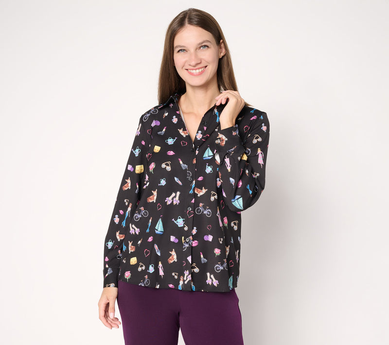 Susan Graver Printed Stretch Peachskin Button-Front Shirt — View 11