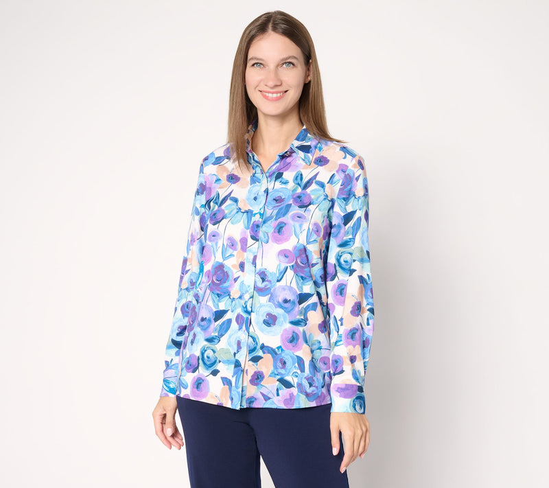 Susan Graver Printed Stretch Peachskin Button-Front Shirt — View 14