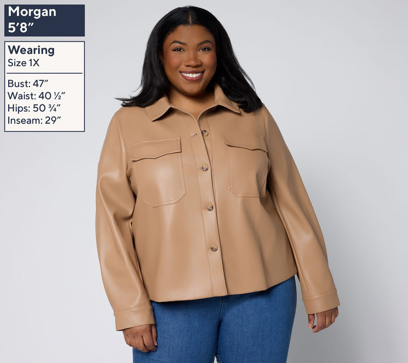 Martha Stewart Signature Faux Leather Button Front Shirt — View 2