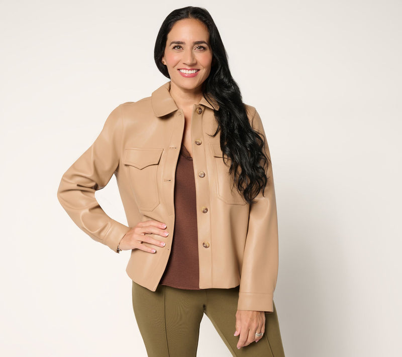 Martha Stewart Signature Faux Leather Button Front Shirt — View 12