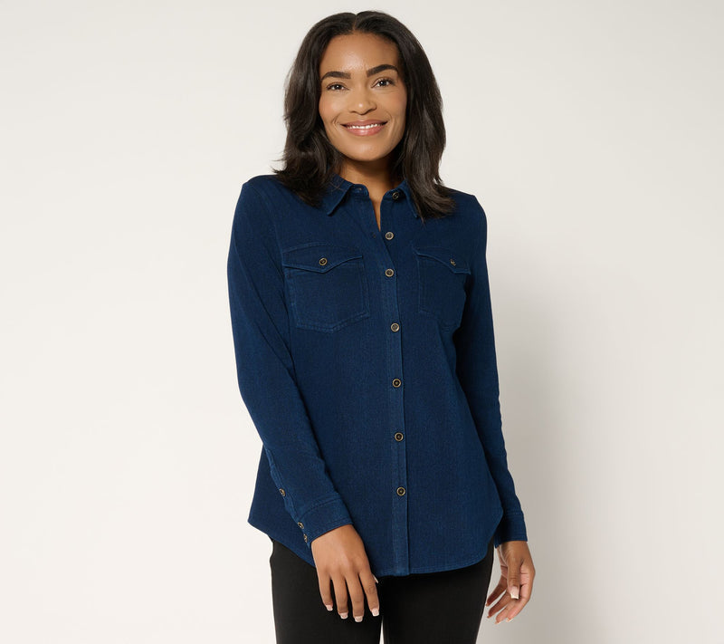 Susan Graver Cool Touch Denim Button Front Shirt — View 15