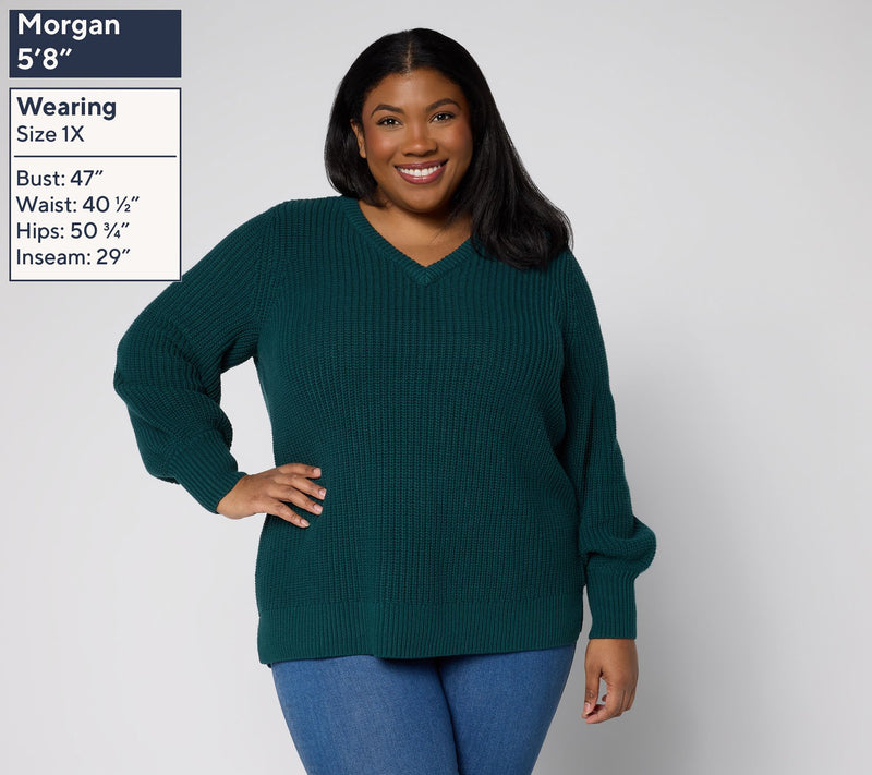 Belle by Kim Gravel Chunky Shaker Knit Bishop Sleeve Sweater — View 2