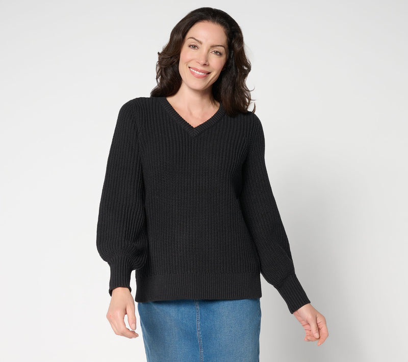 Belle by Kim Gravel Chunky Shaker Knit Bishop Sleeve Sweater — View 13