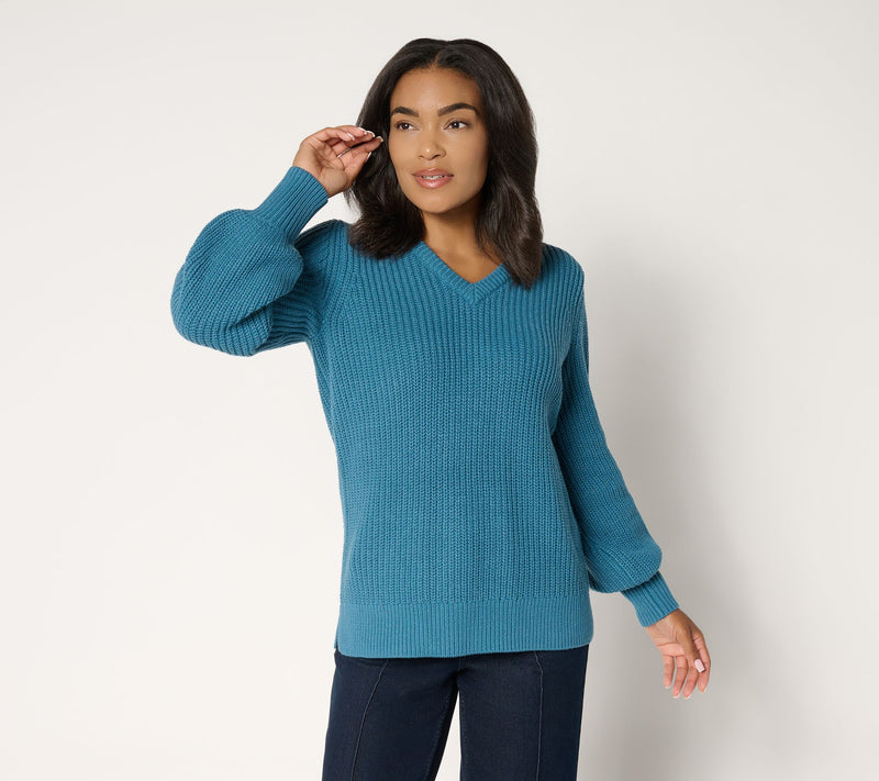 Belle by Kim Gravel Chunky Shaker Knit Bishop Sleeve Sweater — View 17