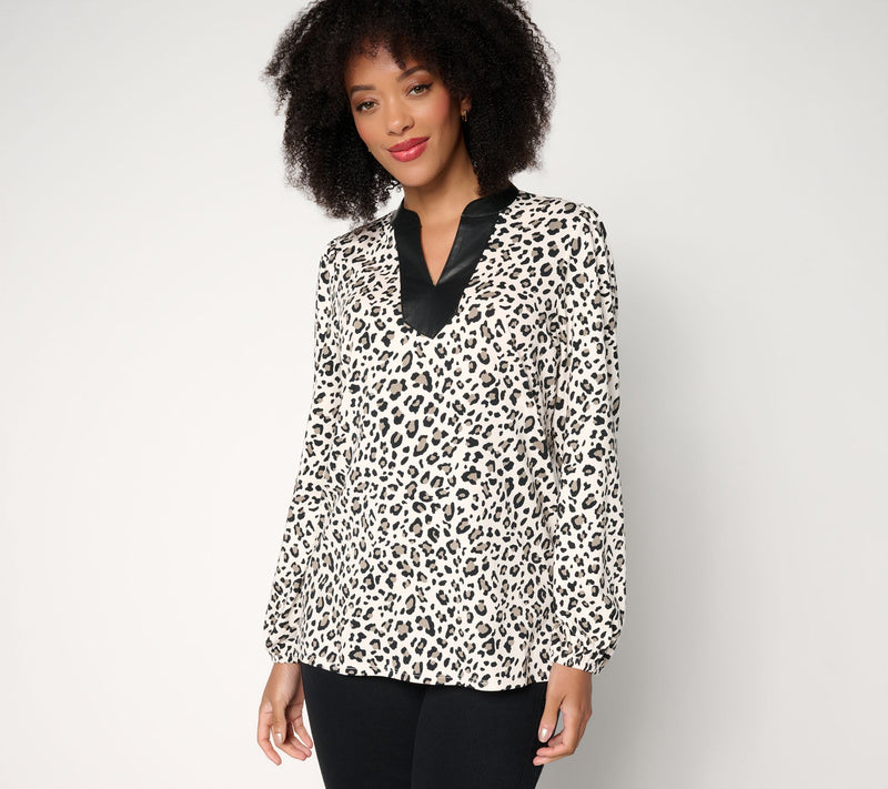 Belle by Kim Gravel Faux Leather Trim Leopard Top — View 3