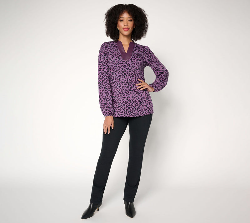 Belle by Kim Gravel Faux Leather Trim Leopard Top — View 11