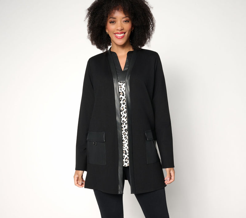 Belle by Kim Gravel Regular Ponte Duster with Faux Leather Trim — View 3