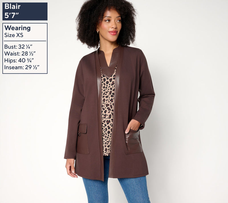 Belle by Kim Gravel Regular Ponte Duster with Faux Leather Trim — View 9