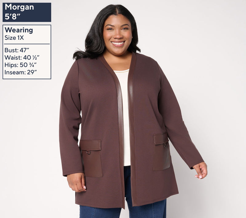 Belle by Kim Gravel Regular Ponte Duster with Faux Leather Trim — View 8
