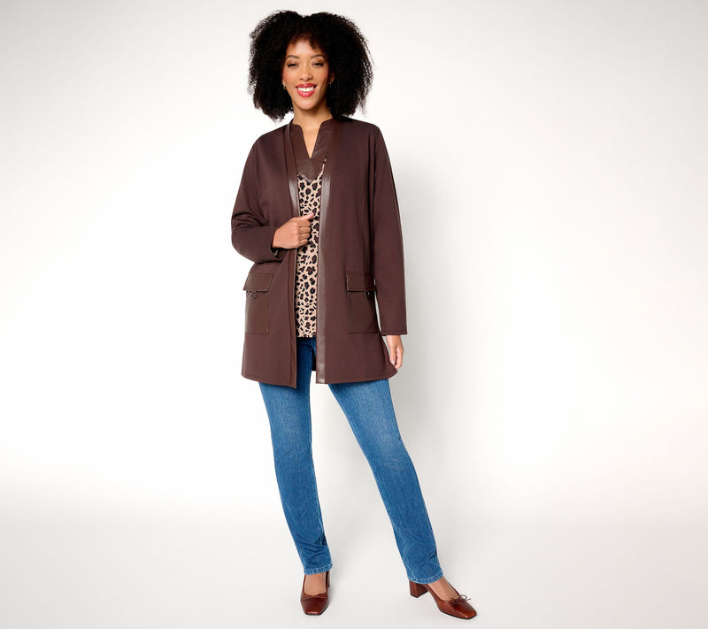 Belle by Kim Gravel Regular Ponte Duster with Faux Leather Trim — View 11