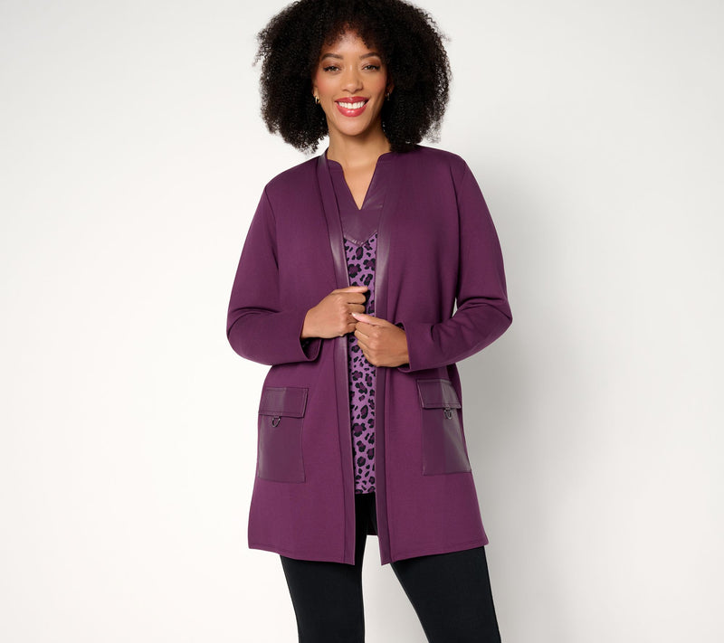 Belle by Kim Gravel Regular Ponte Duster with Faux Leather Trim — View 7