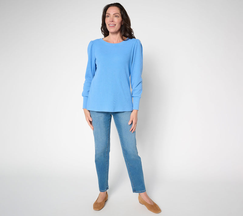 Belle by Kim Gravel Snow Washed Waffle Knit Crew Neck Top — View 7