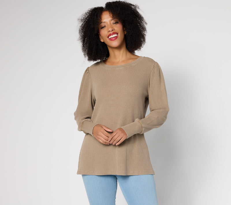 Belle by Kim Gravel Snow Washed Waffle Knit Crew Neck Top — View 3