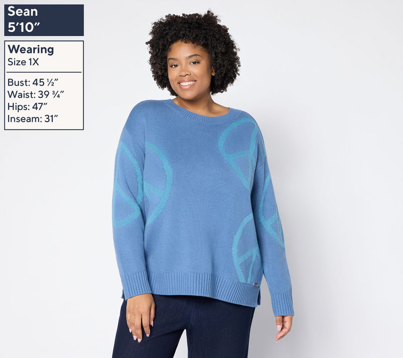 Peace Love World Motif Intarsia Pullover Sweater — View 2