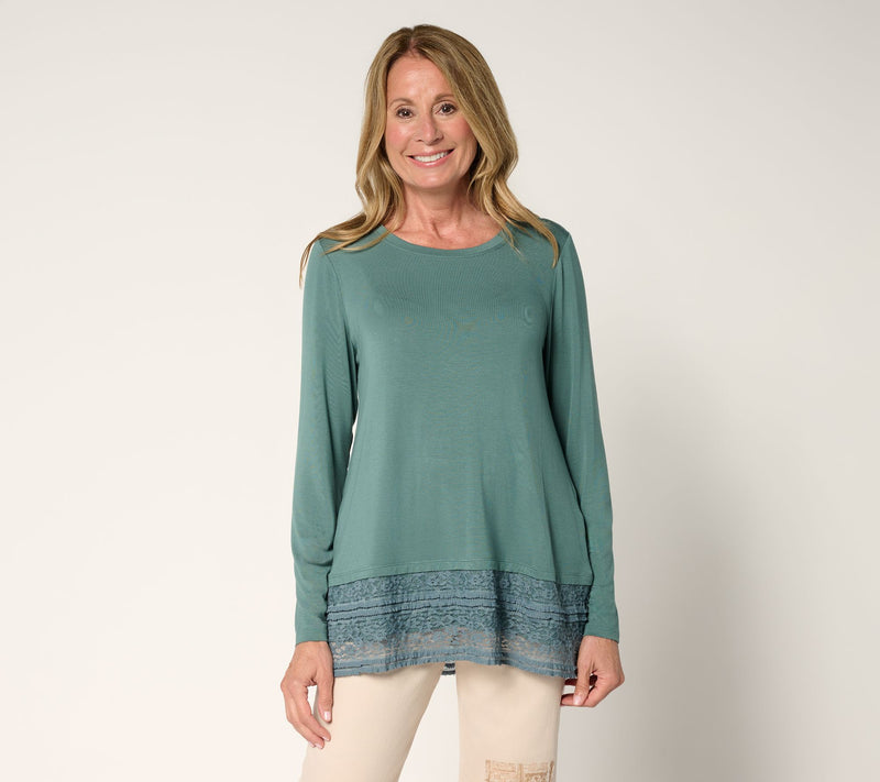 LOGO by Lori Goldstein Regular Long Sleeve Top with Lace Hem — Main view