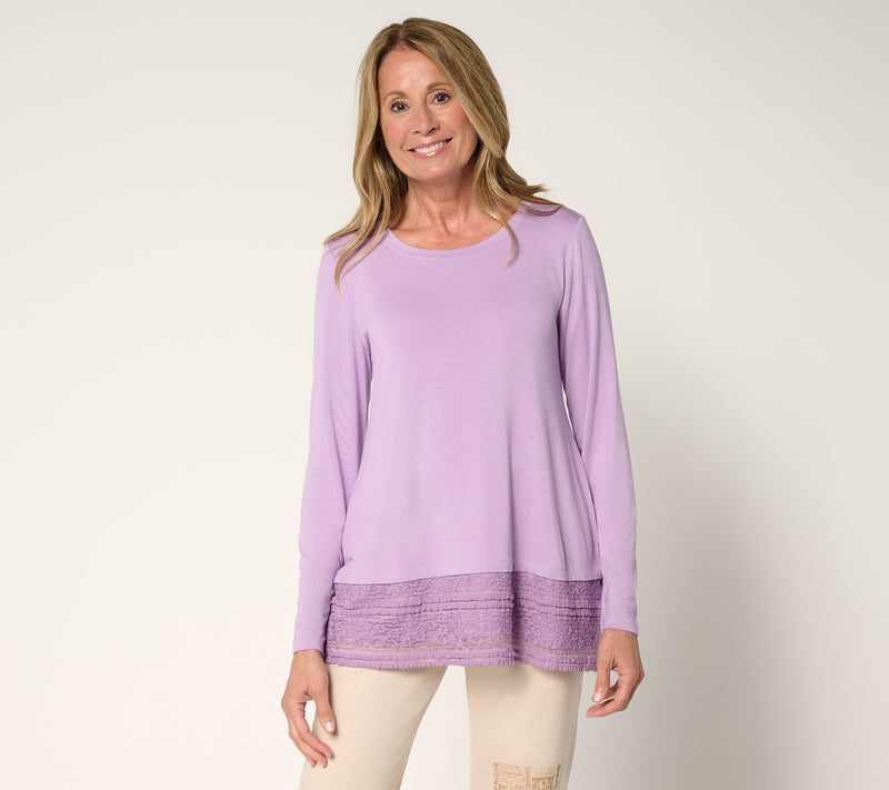 LOGO by Lori Goldstein Petite Long Sleeve Top with Lace Hem — View 12