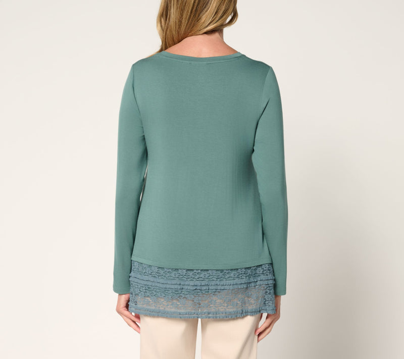 LOGO by Lori Goldstein Petite Long Sleeve Top with Lace Hem — View 4
