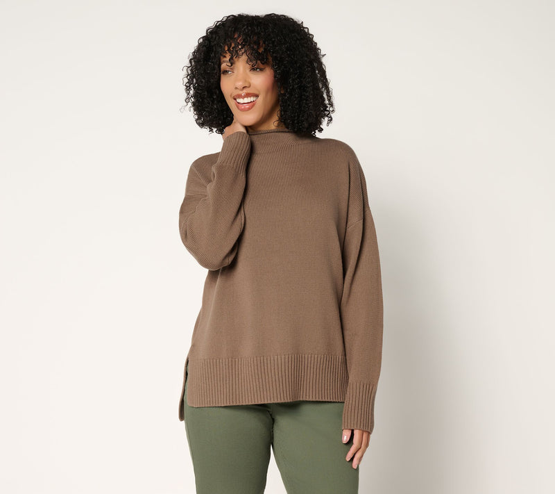 LOGO by Lori Goldstein 100% Cotton Funnel Neck Hi-Low Sweater — View 12