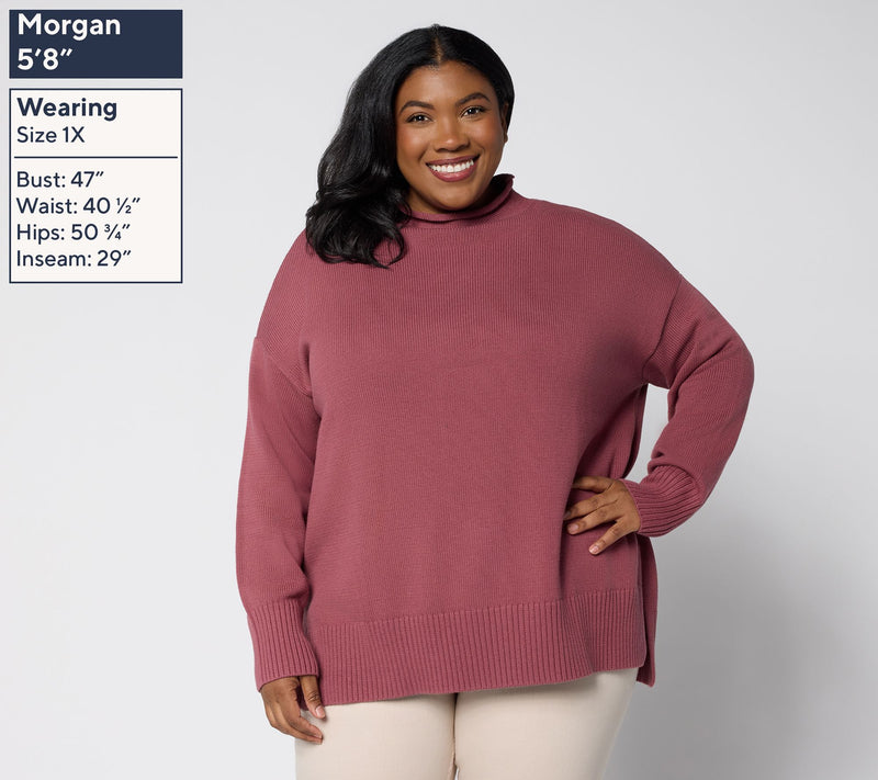 LOGO by Lori Goldstein 100% Cotton Funnel Neck Hi-Low Sweater — View 2