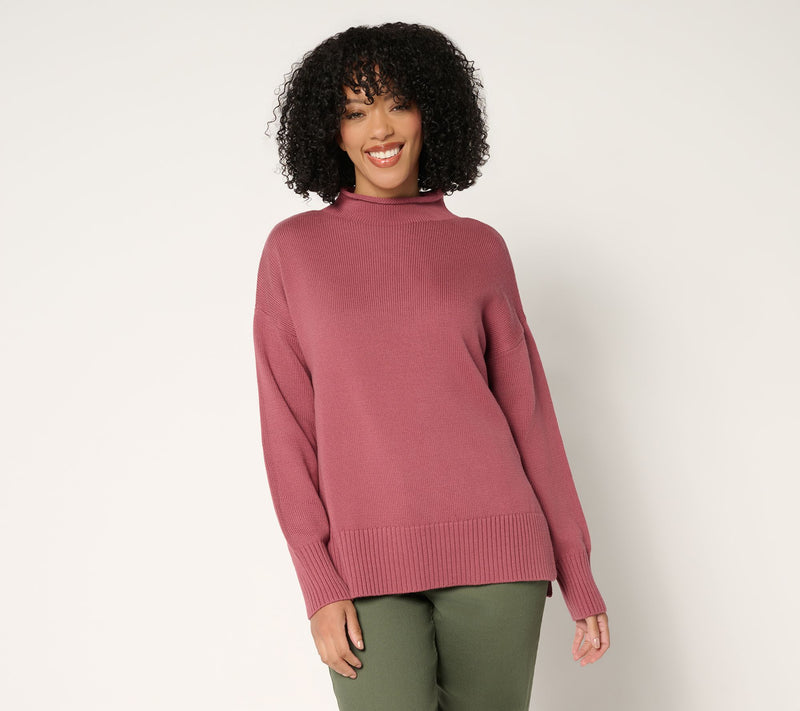 LOGO by Lori Goldstein 100% Cotton Funnel Neck Hi-Low Sweater — View 13
