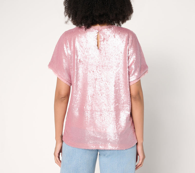 LOGO Lavish by Lori Goldstein Short Sleeve Sequin Top — View 4