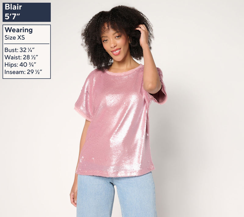 LOGO Lavish by Lori Goldstein Short Sleeve Sequin Top — View 3