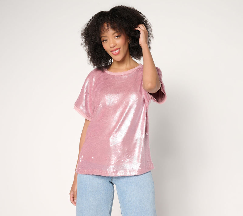 LOGO Lavish by Lori Goldstein Short Sleeve Sequin Top — Main view