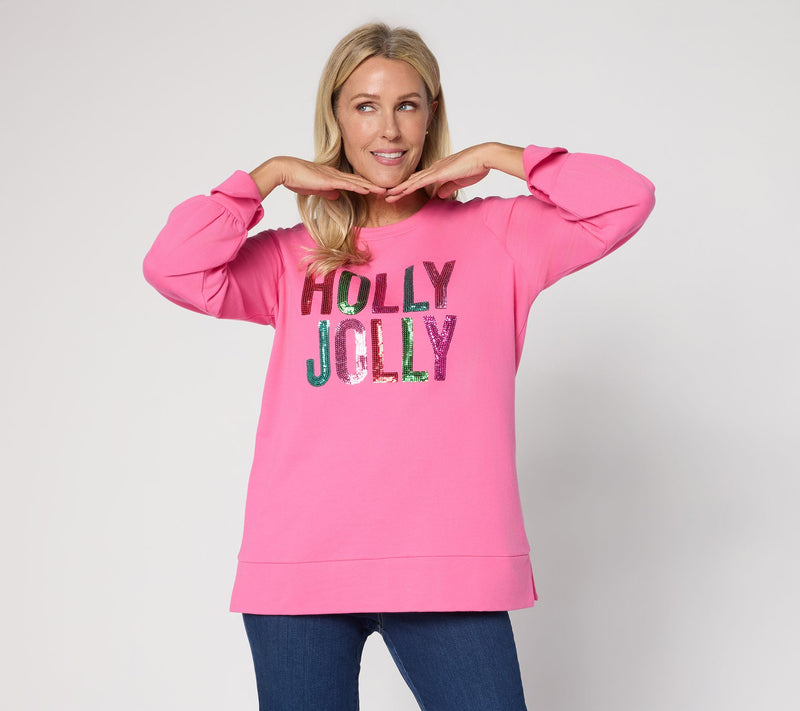 Jingle Belles by Kim Gravel Sequin Holly Jolly Knit Top — View 3