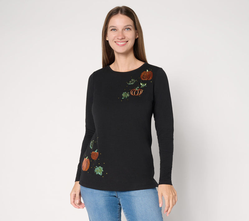 Quacker Factory Pumpkin Patch Embellished French Terry Shirt — View 10