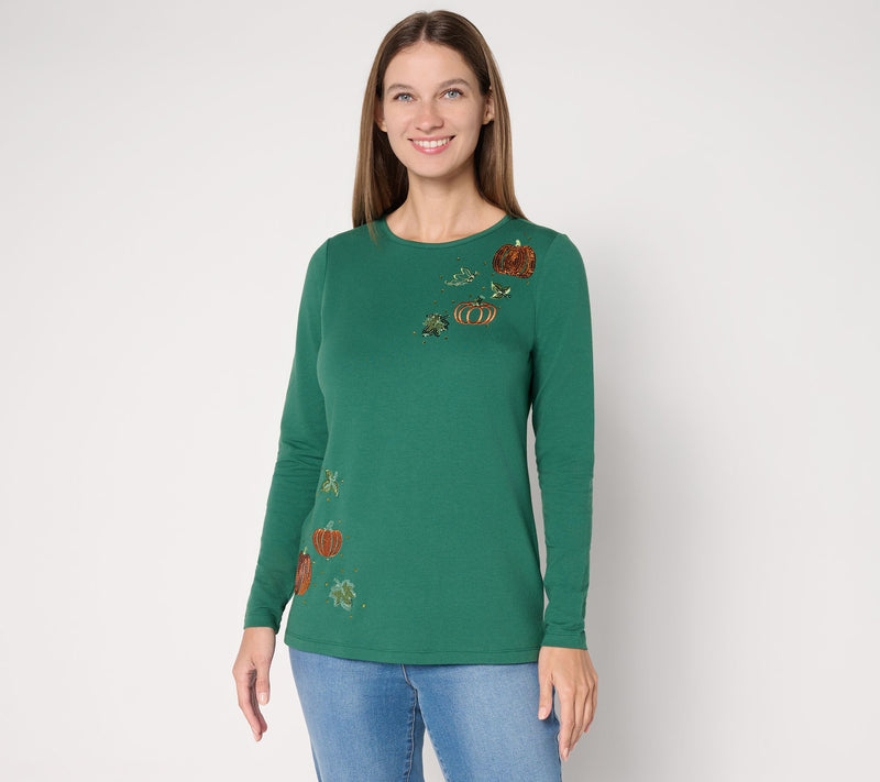 Quacker Factory Pumpkin Patch Embellished French Terry Shirt — View 11