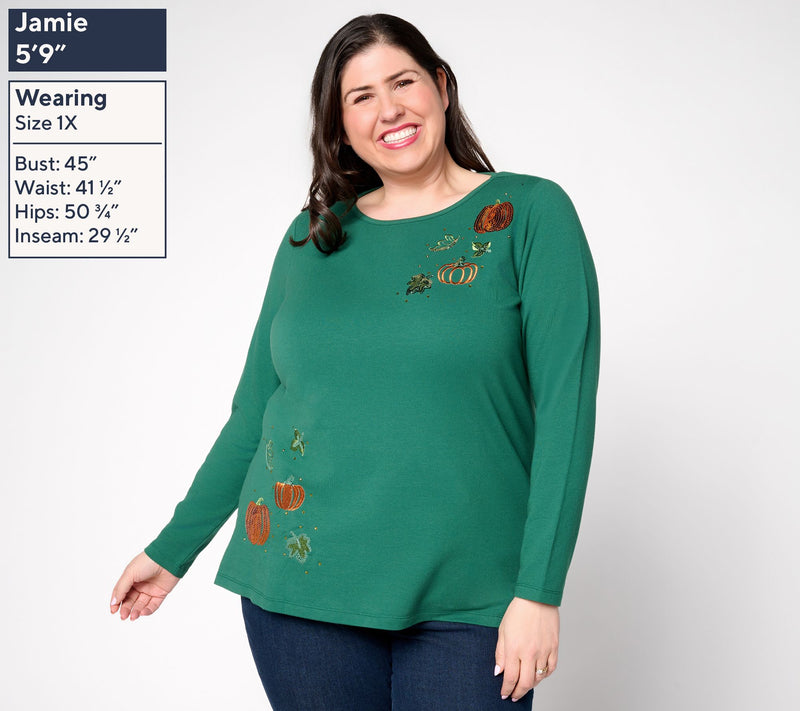 Quacker Factory Pumpkin Patch Embellished French Terry Shirt — View 2