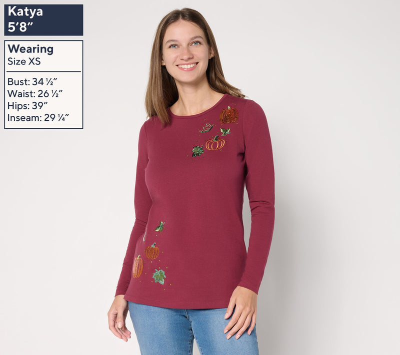 Quacker Factory Pumpkin Patch Embellished French Terry Shirt — View 3