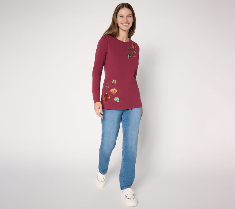 Quacker Factory Pumpkin Patch Embellished French Terry Shirt — View 5