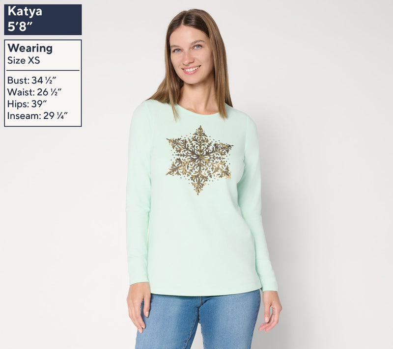 Quacker Factory Baby It's Cold Sequin Snowflake Long Sleeves Shirt — View 3
