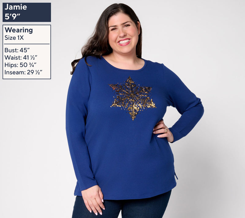 Quacker Factory Baby It's Cold Sequin Snowflake Long Sleeves Shirt — View 2