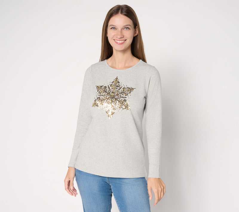 Quacker Factory Baby It's Cold Sequin Snowflake Long Sleeves Shirt — View 11