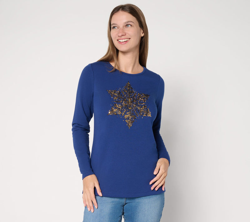 Quacker Factory Baby It's Cold Sequin Snowflake Long Sleeves Shirt — View 12
