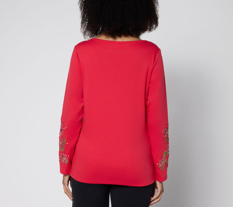 Quacker Factory Poinsettia Floral Bateau Long Sleeves Top — View 4