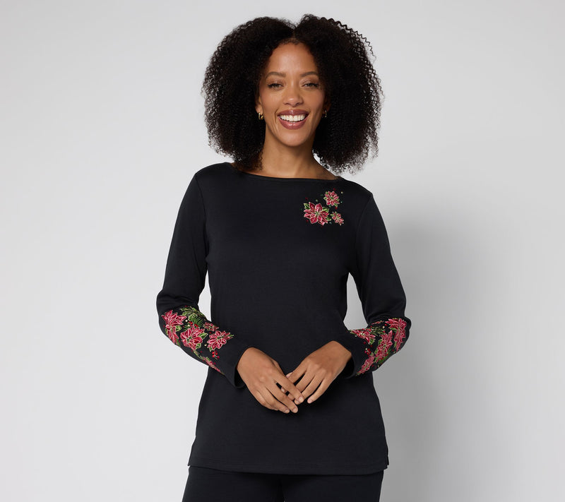 Quacker Factory Poinsettia Floral Bateau Long Sleeves Top — View 10