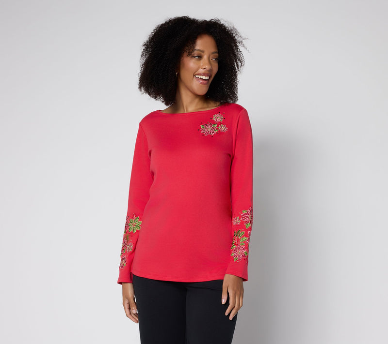 Quacker Factory Poinsettia Floral Bateau Long Sleeves Top — Main view