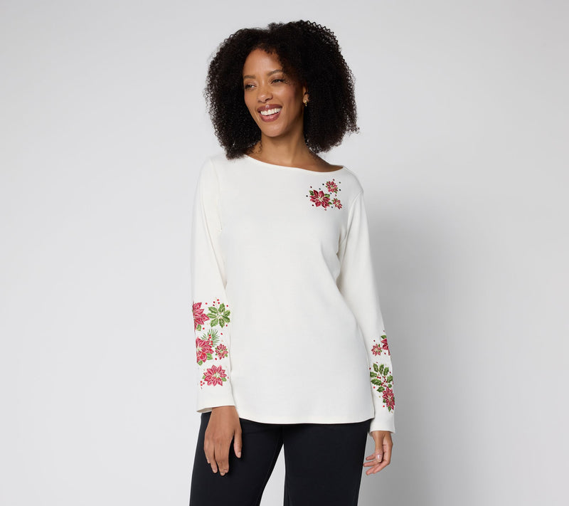 Quacker Factory Poinsettia Floral Bateau Long Sleeves Top — View 11