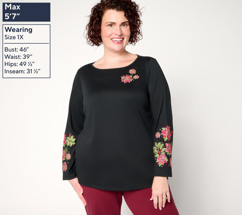 Quacker Factory Poinsettia Floral Bateau Long Sleeves Top — View 2