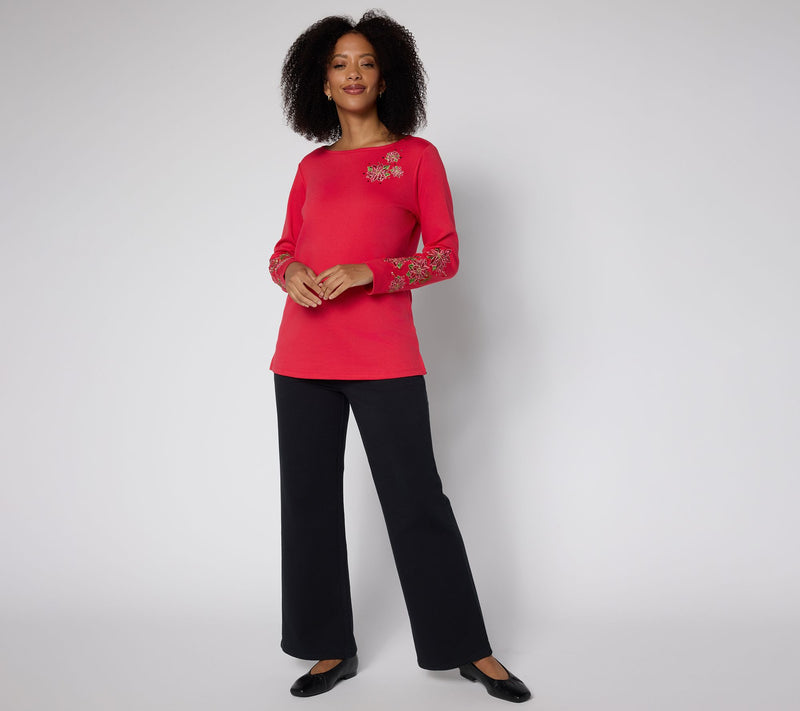 Quacker Factory Poinsettia Floral Bateau Long Sleeves Top — View 5