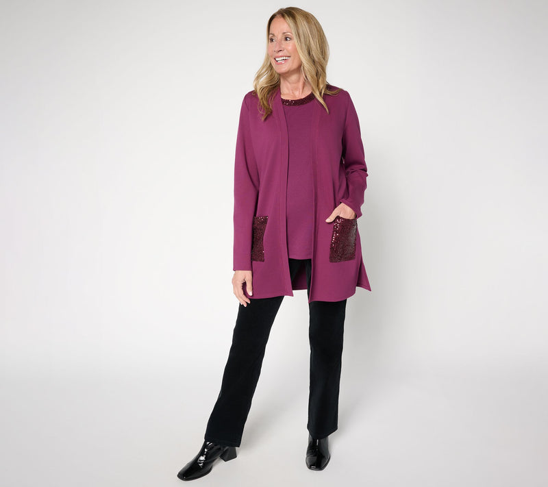 Jingle Belles by Kim Gravel Regular Sequin Pocket Ponte Duster Cardigan — View 11
