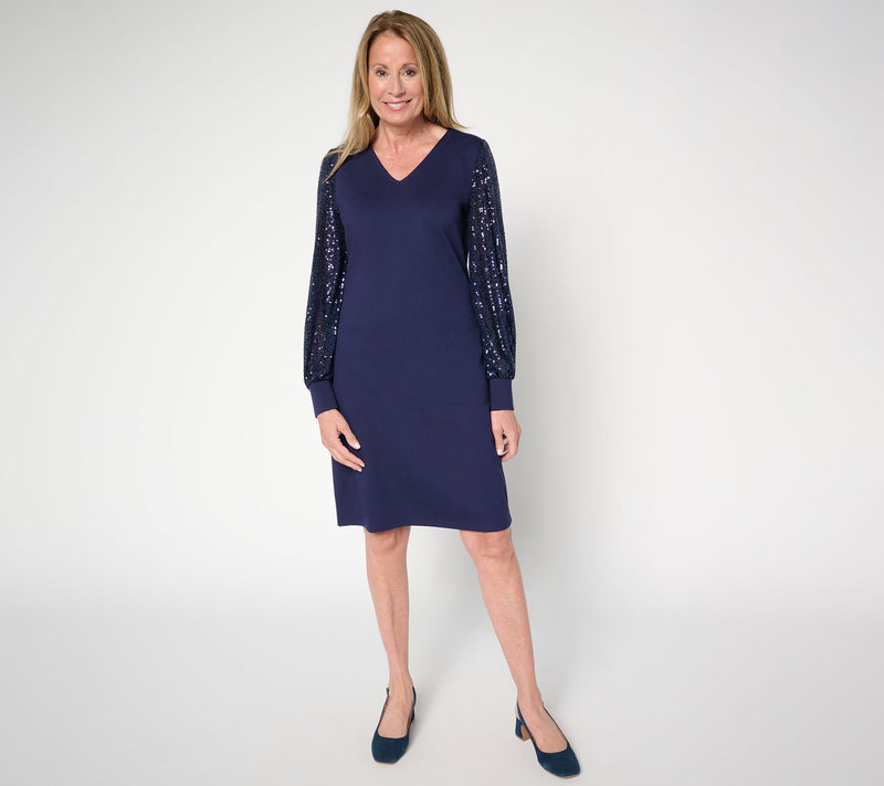 Jingle Belles by Kim Gravel Regular Ponte Dress w/ Sequin Sleeves — View 5