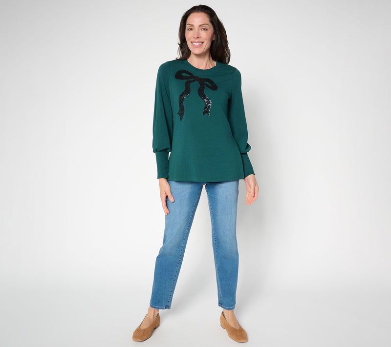 Jingle Belles by Kim Gravel TripleLuxe Knit Bow and Behold Sequin Top — View 5